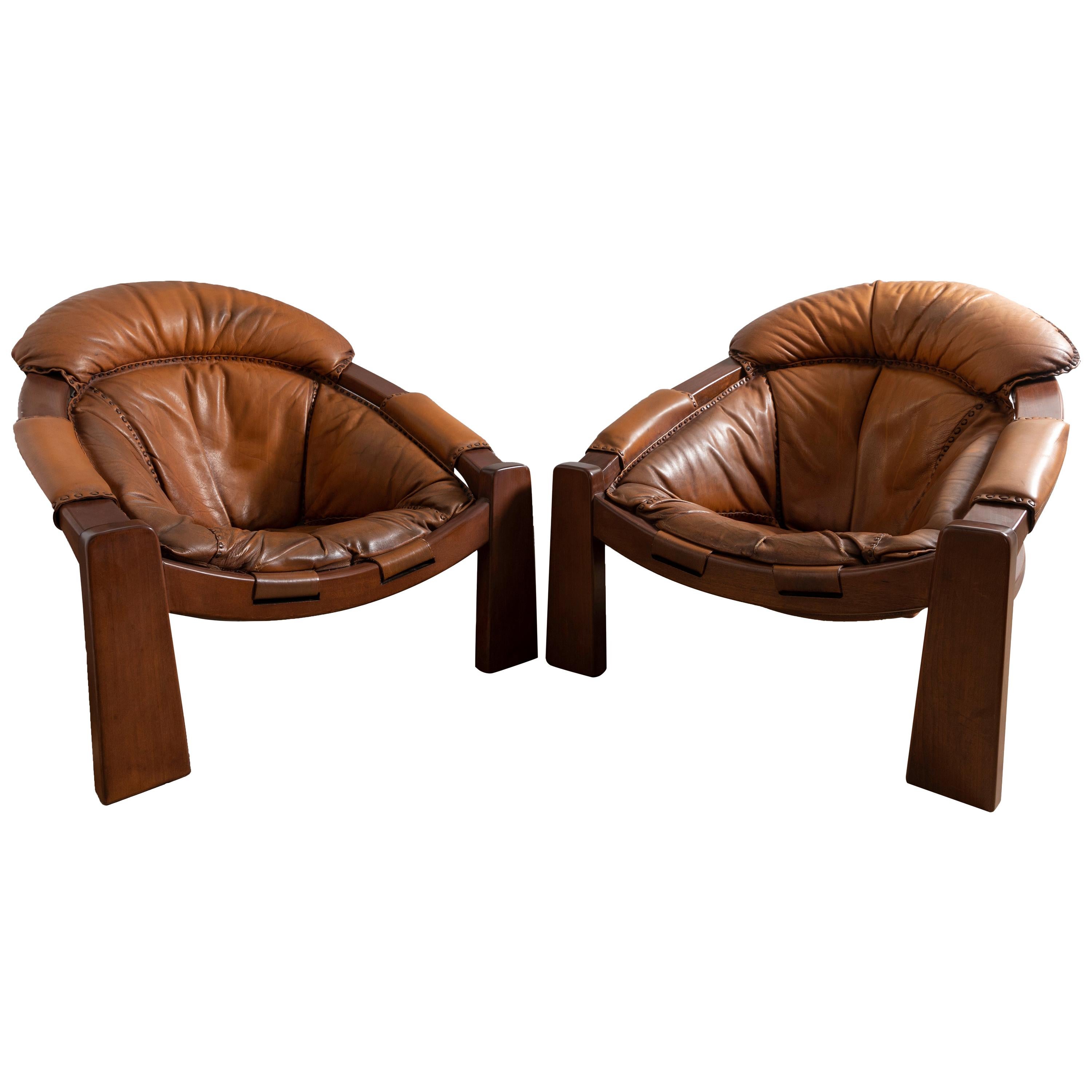 Pair of Wood Frame and Leather Armchairs