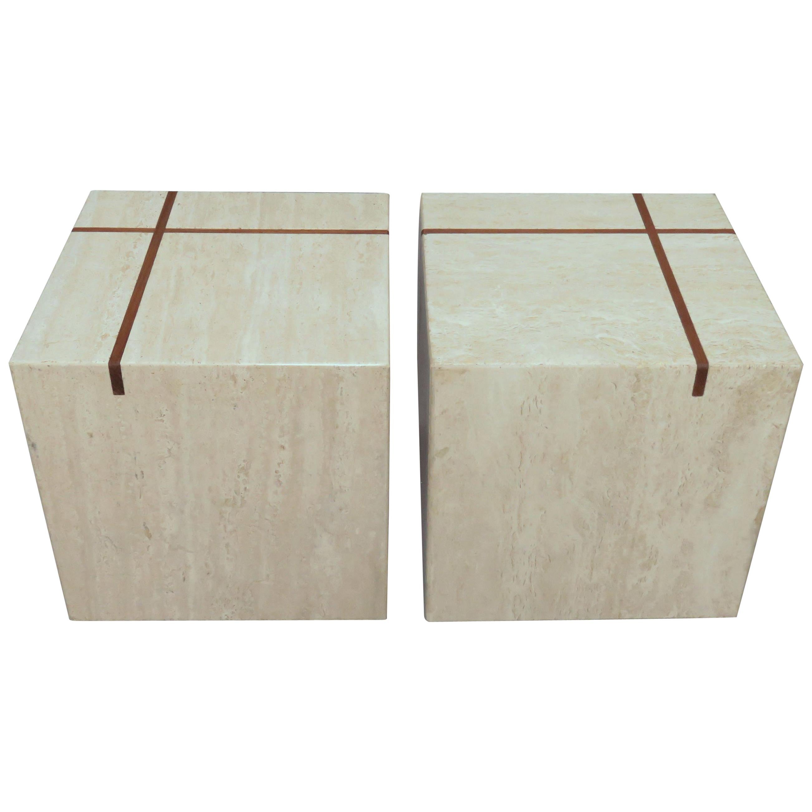 Pair of Travertine Cube End Tables with Teak Banded Inlay, circa 1970s