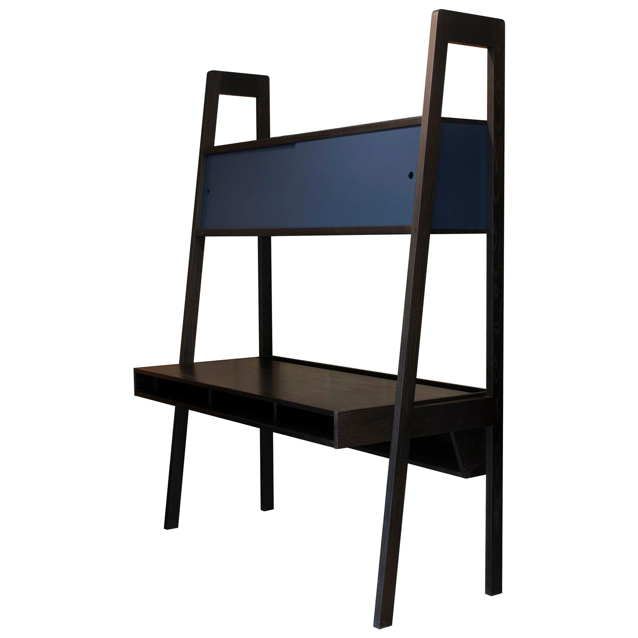Collector Desk in Blackened Ashwood with Blue Lacquered Sliding Doors For Sale