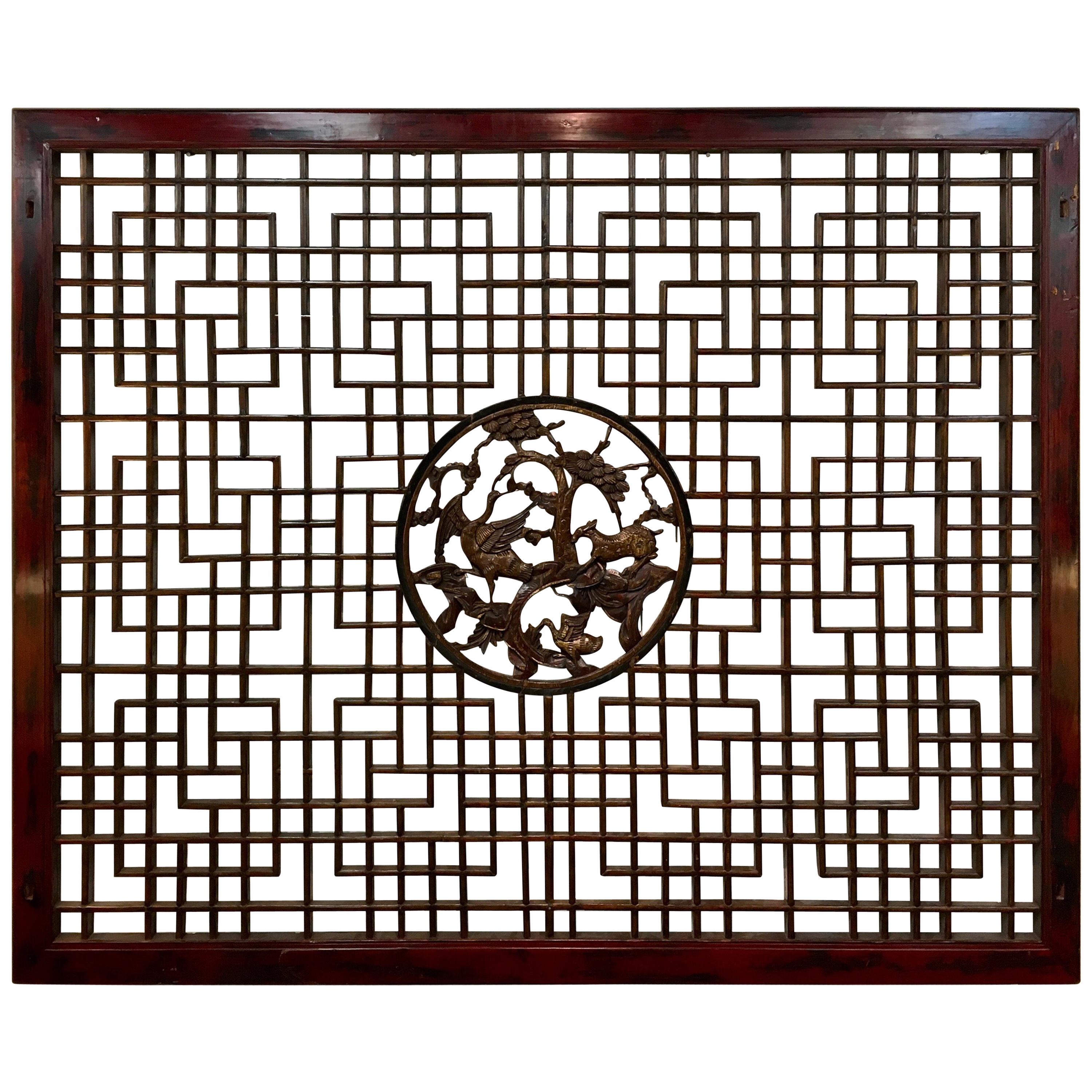 Asian Chinese Carved Mahogany Lattice Wall Sculpture Screen Panel Open Fretwork