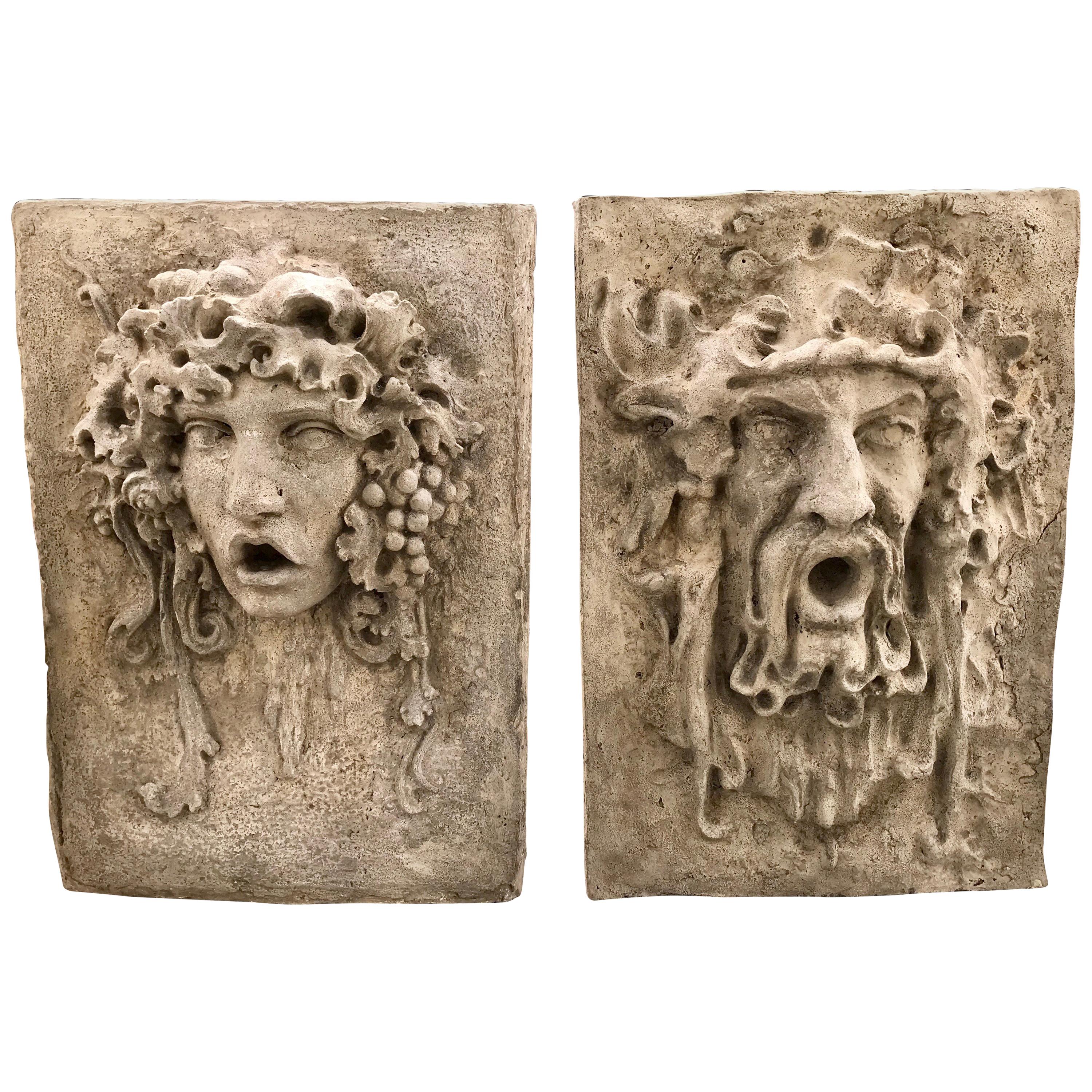 Pair of Cast Stone Figural Greek Large Garden Plaques
