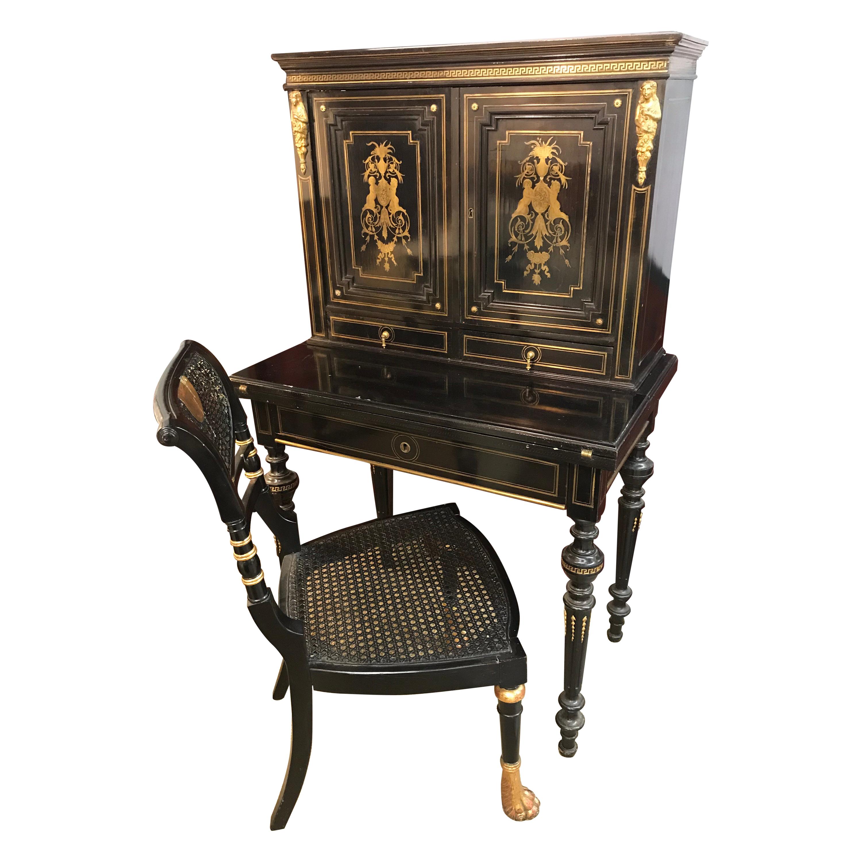 Black and Gold Chinoiserie Directoire Secretary Desk and Chair