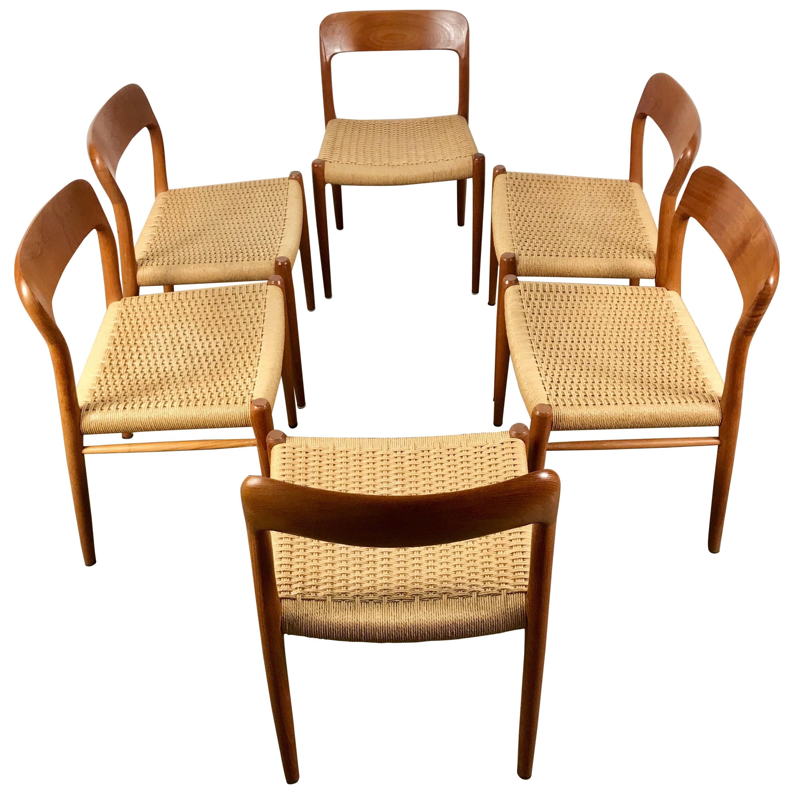 Classic Set 6 Teak and Cane Dining Chairs, Niels Moller Model 75, Denmark