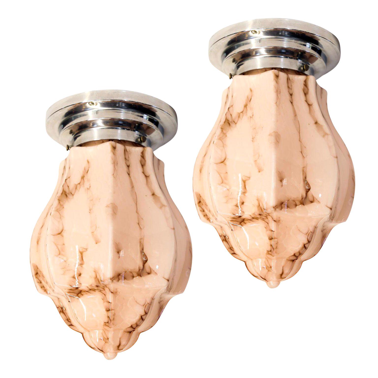 Pair Art Deco Skyscraper Flush Mount Lights With Marbled Glass