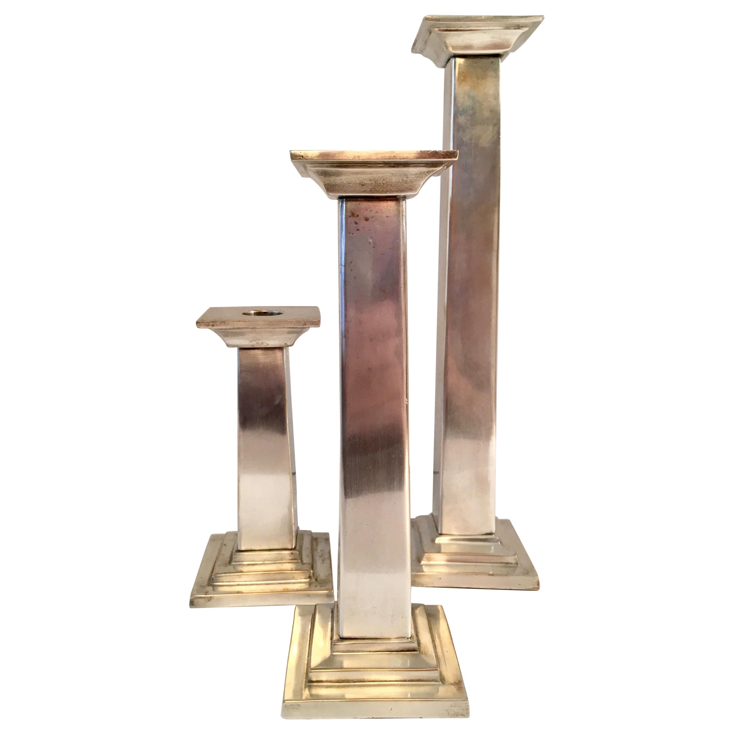 Set of Three Silver Plate Column Candlesticks