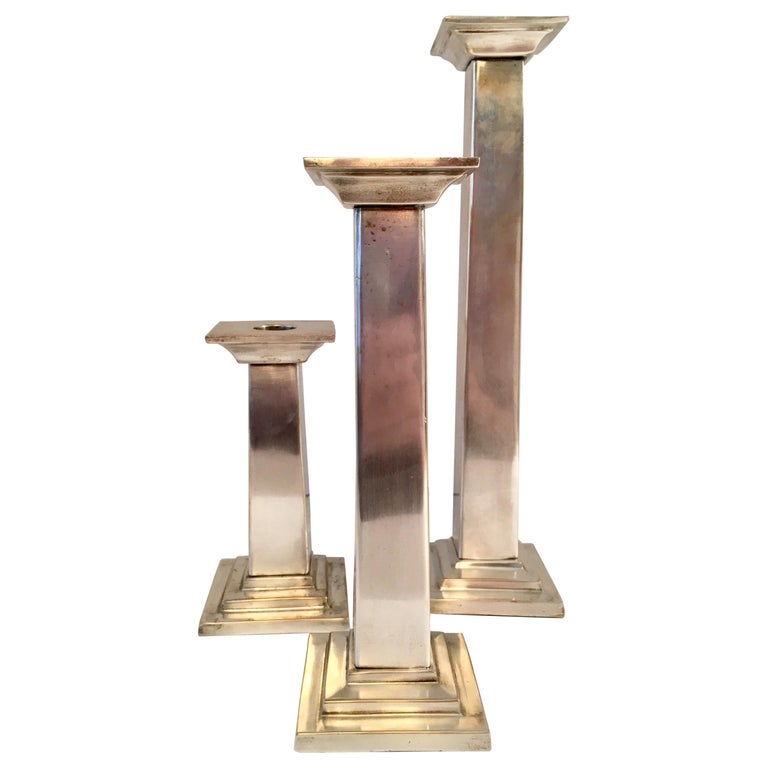 Set of Three Silver Plate Column Candlesticks For Sale