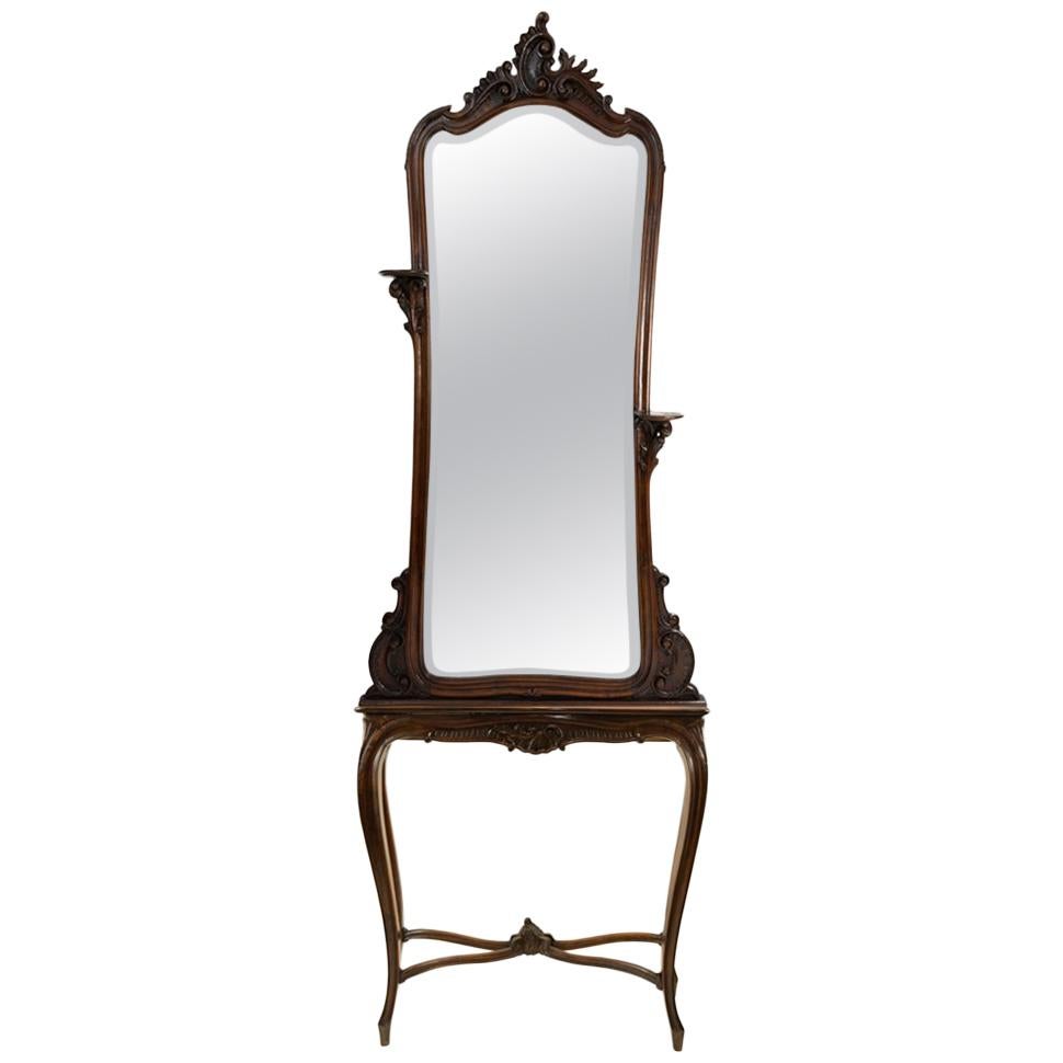 Antique 19th Century Louis XV Style Carved Walnut Onyx Top Console and Mirror For Sale