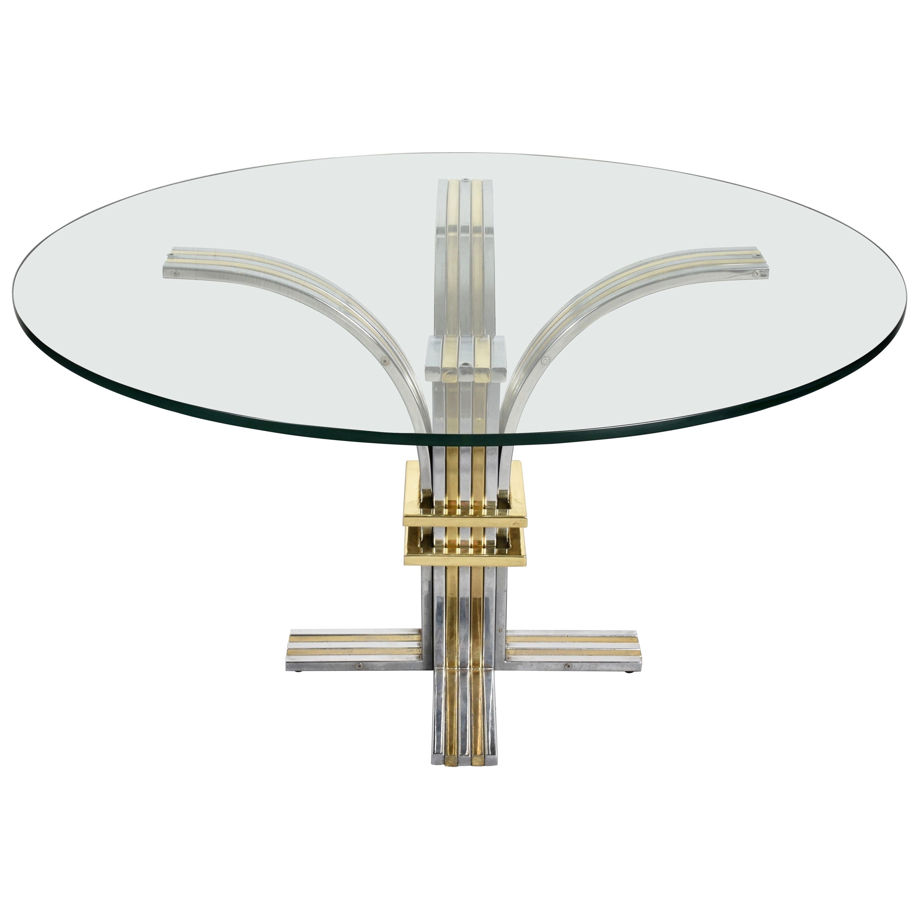 Brass and Chrome Steel Round Glass Italian Dining Table by Banci Firenze 1970s