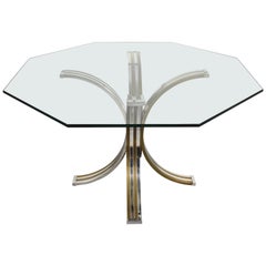 Retro Brass and Chrome Octagonal Glass Italian Dining Table after Romeo Rega, 1970s