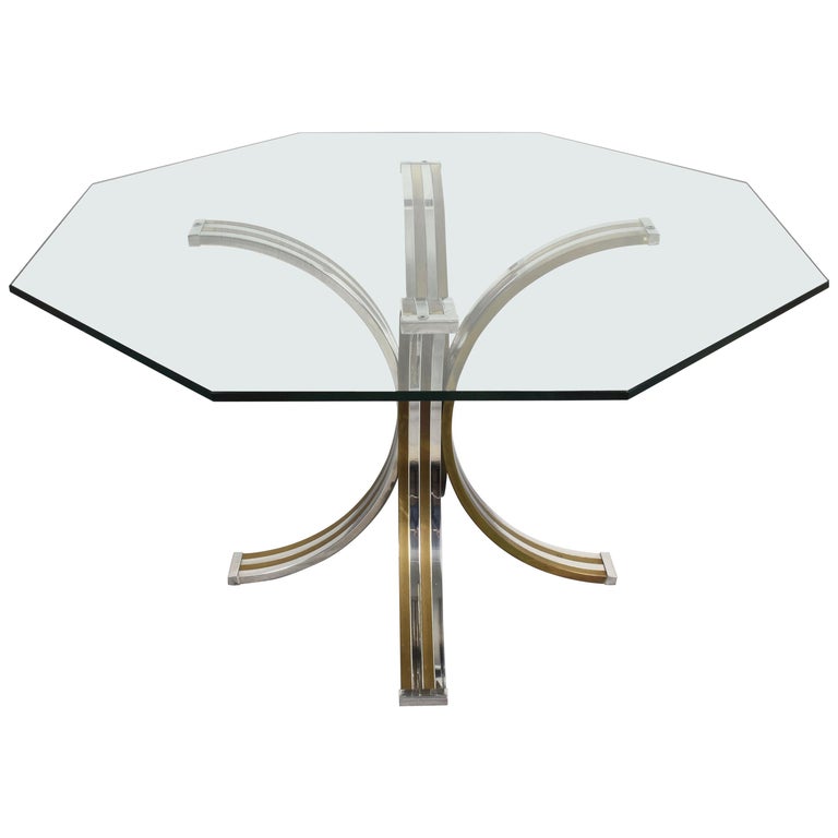 Brass and Chrome Octagonal Glass Italian Dining Table after Romeo