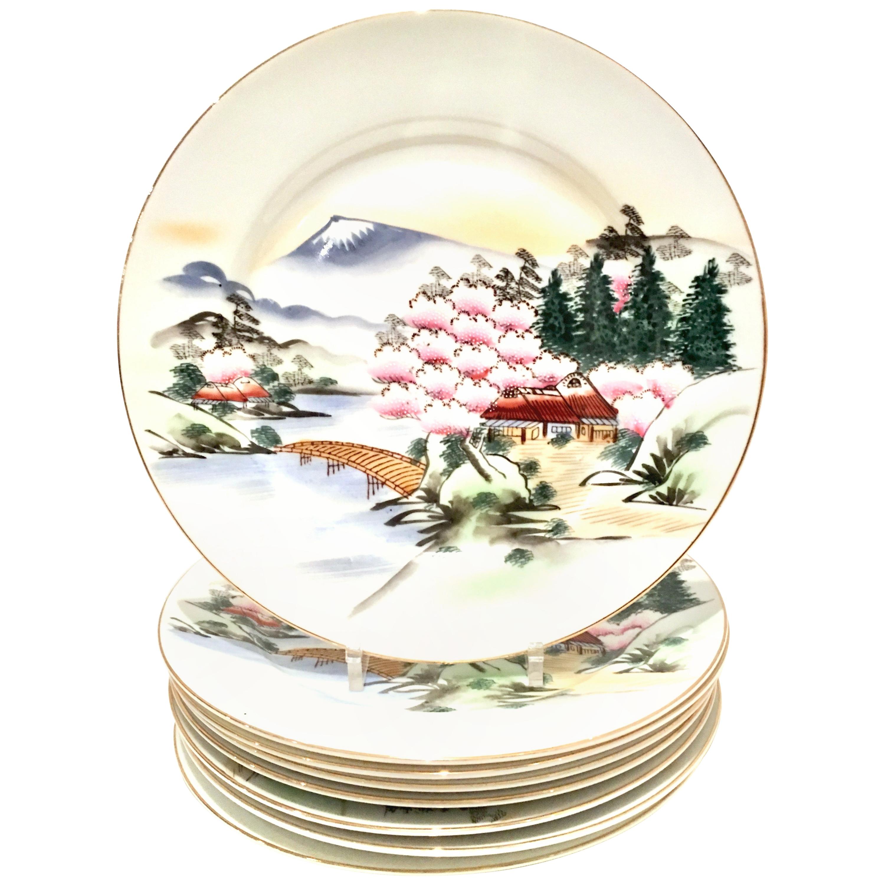 1950s Japanese Hand Painted Porcelain Dinner Plate Set of 8 by, Hayasi