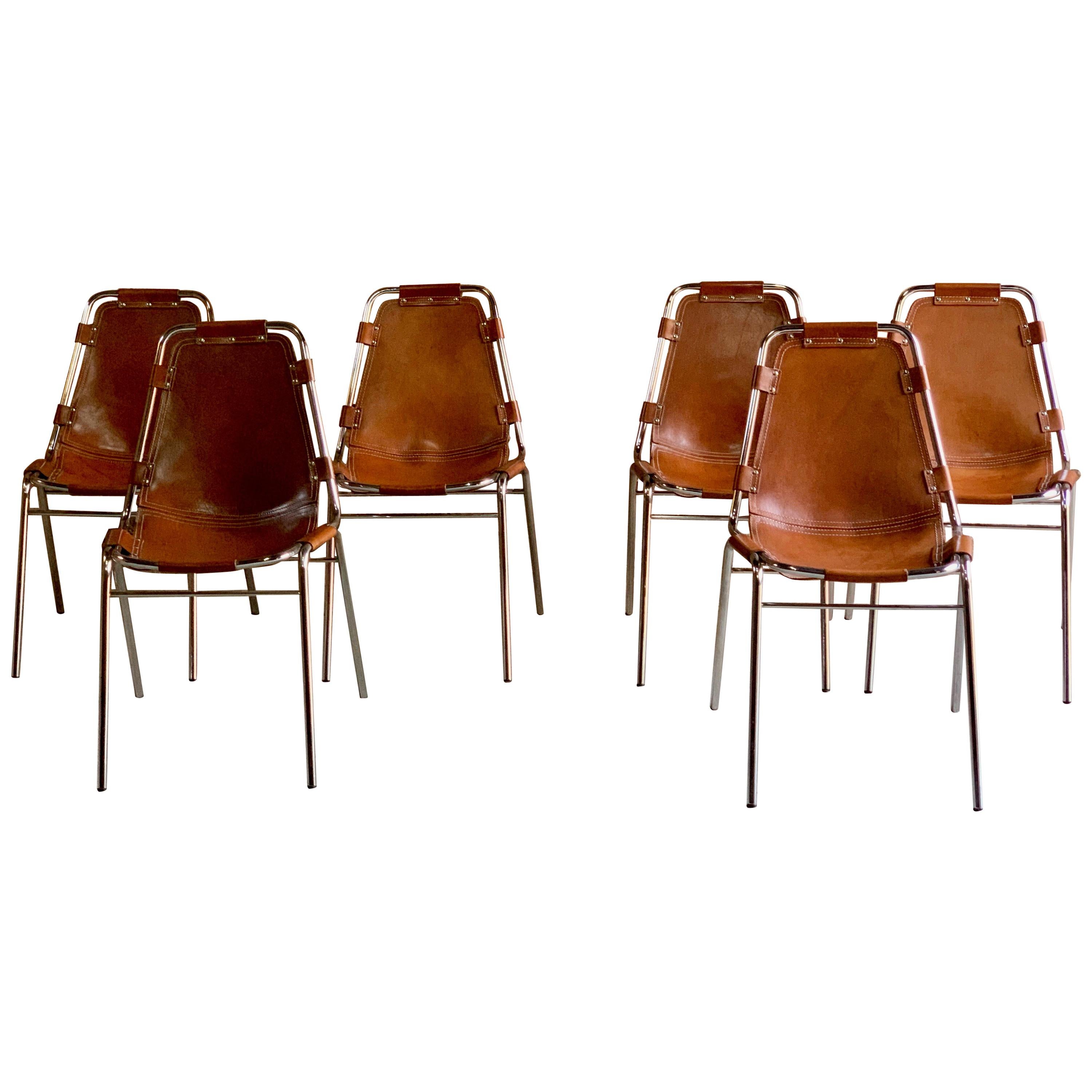 Les Arcs Dining Chairs Leather, Set of Six, 1960s