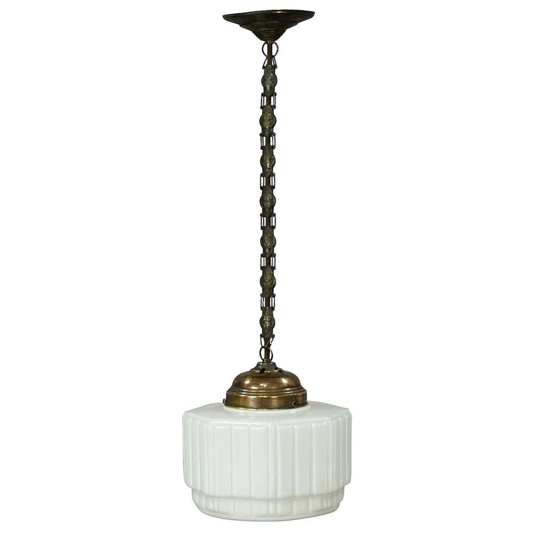 Antique Pendant Light with Large White Glass Shade, circa 1920 For Sale