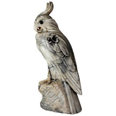 French Art Deco Carved Marble Sculpture of a Crested Cockatoo