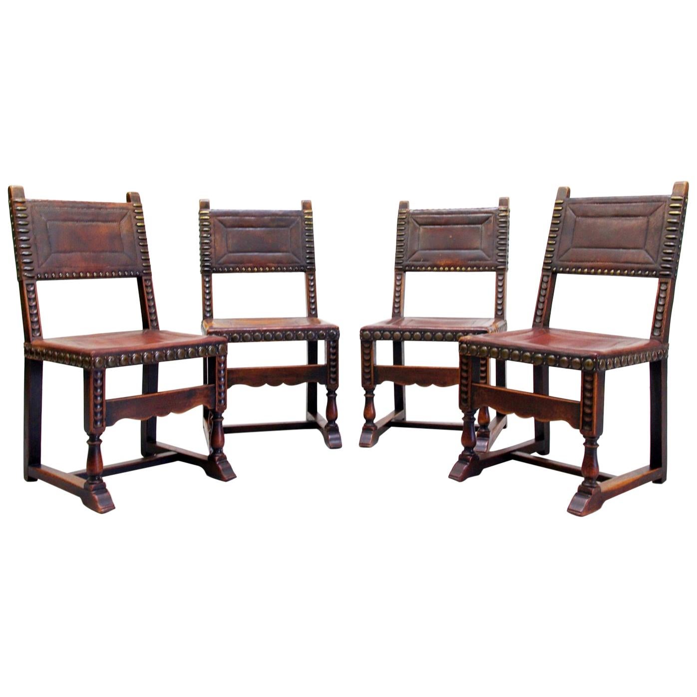 Four Monastic Chairs Antique Armchair Leather Vintage Chairs Rivets Old Span For Sale