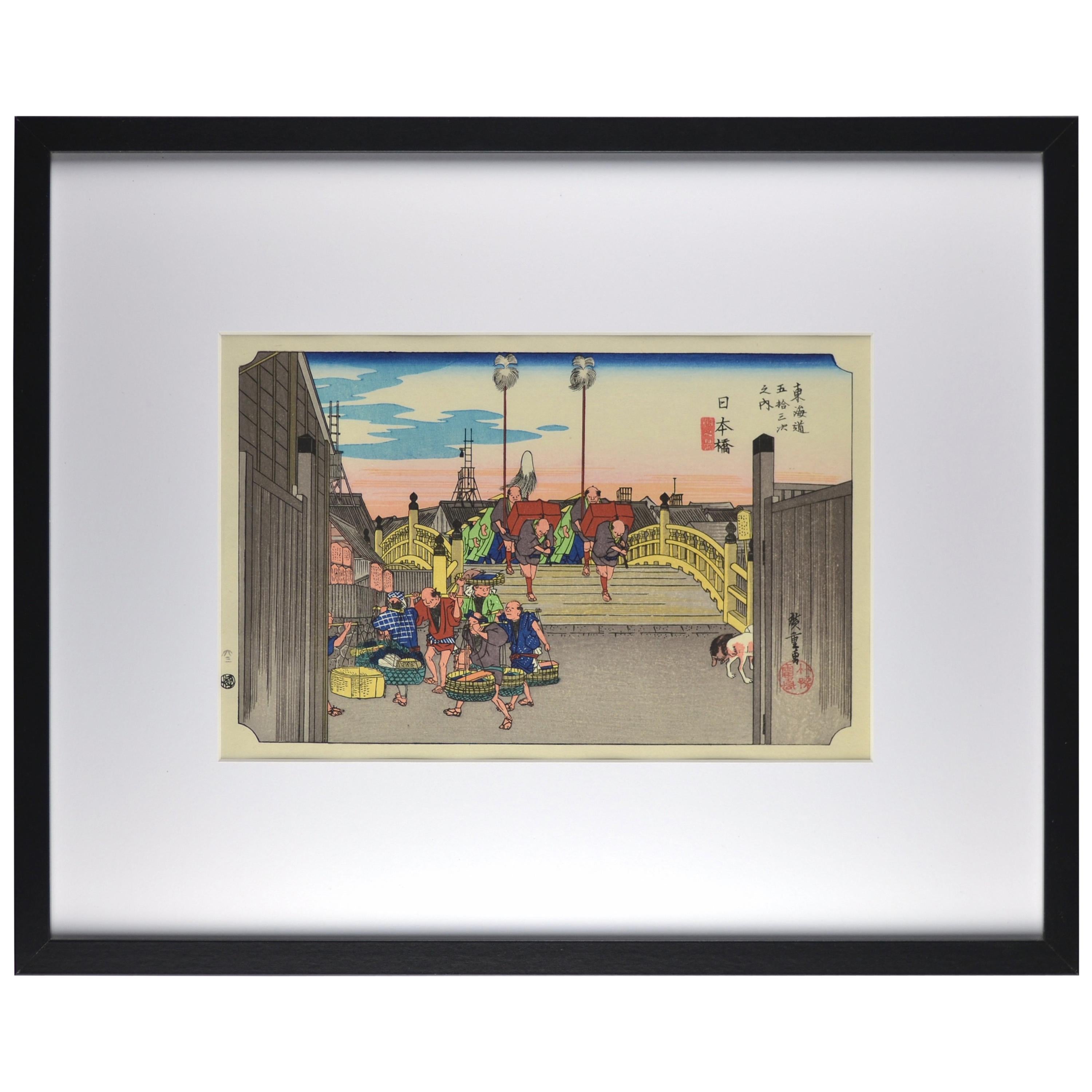 Real Woodblock Print after Utagawa Hiroshige's 53 Stations of the Tokaido For Sale