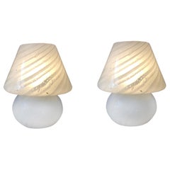 Vintage Murano White Spiral Pattern Glass Table Lamps by Vetri, Italy 1970s
