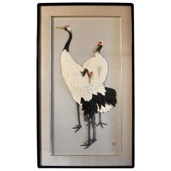 Japanese Contemporary Silk Brocade Oshie Decorative Art, Black Cream 