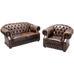 Chesterfield Sofa Set Armchair Genuine Leather Couch Vintage