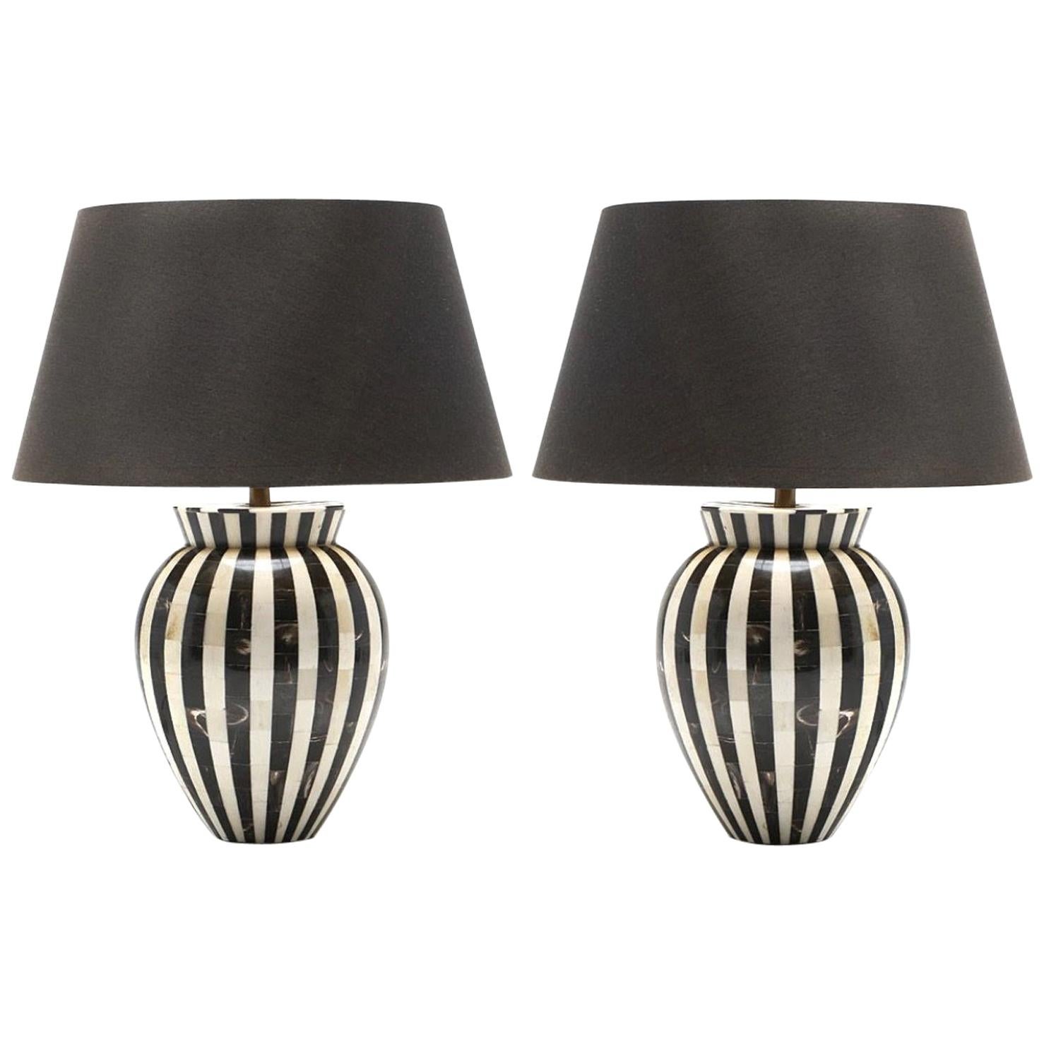 MCM Horn and Bone Striped Pair Table Lamps, Stunningly Stylish For Sale