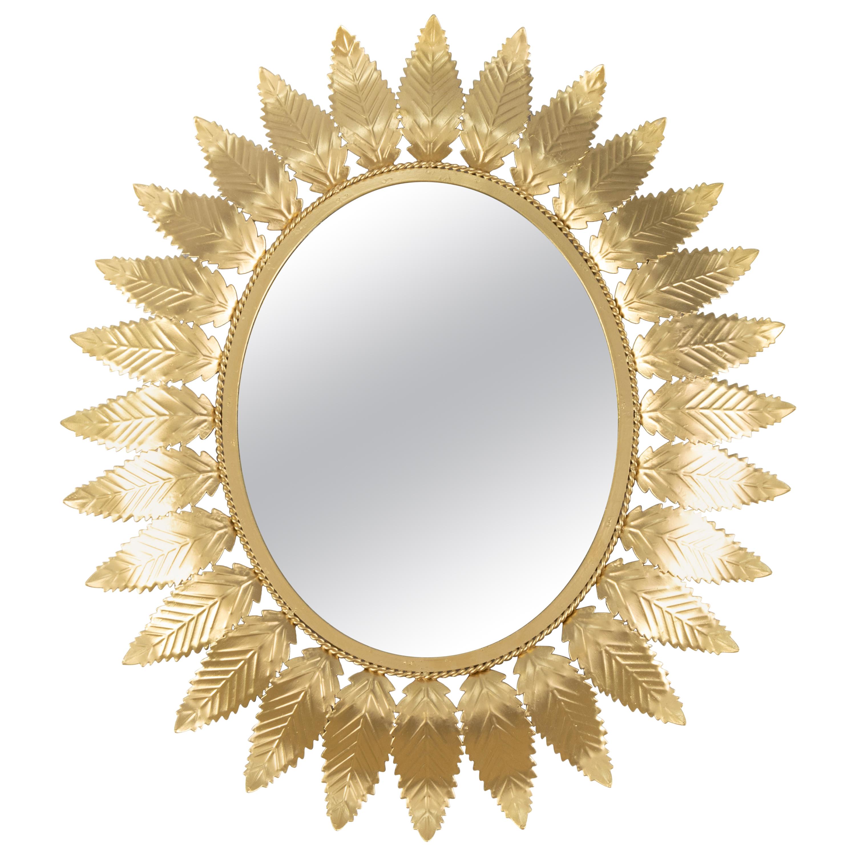 Hollywood  Regency Golden Steel Mirror in the Shape of Sun and Leaves, Spain