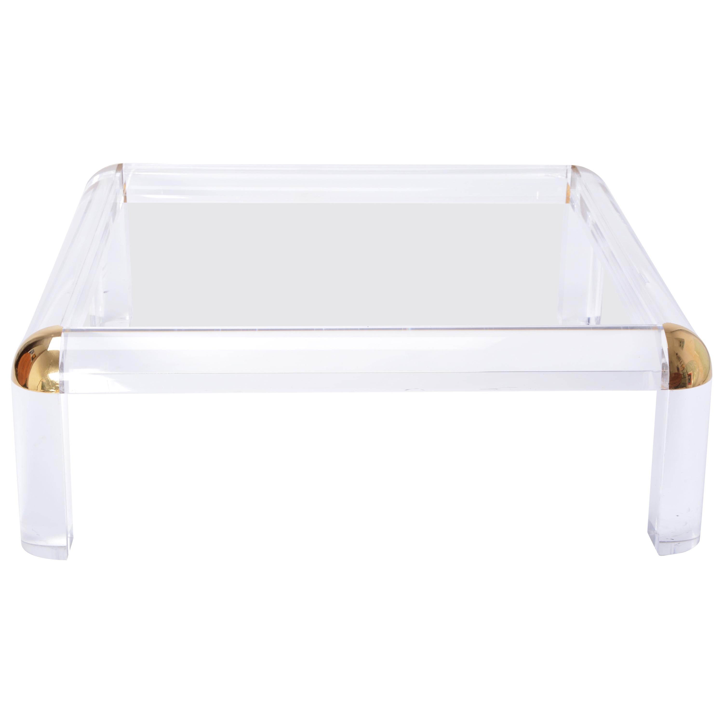 Large Hollywood Regency Lucite and Brass Square Coffee Table 