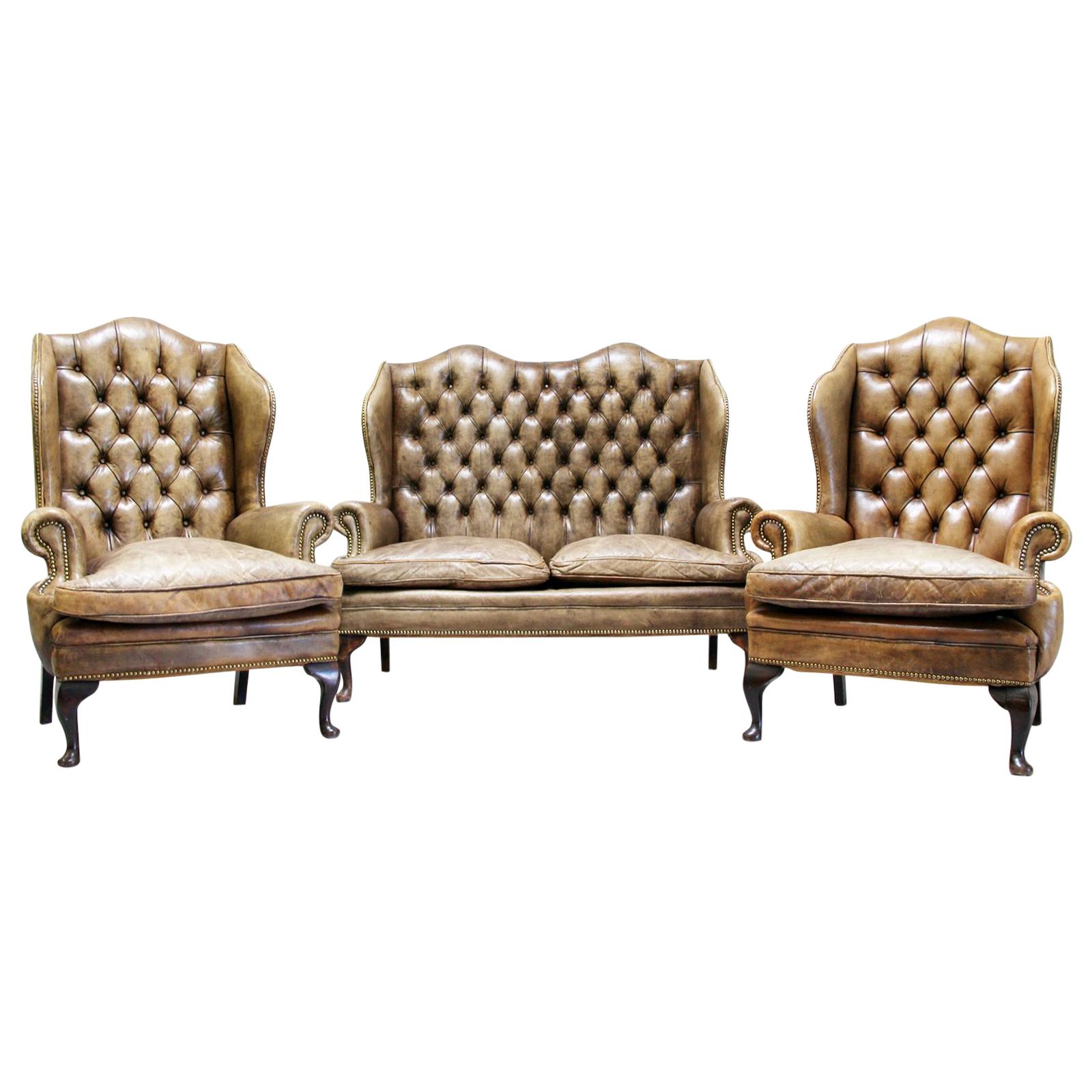 Chesterfield Sofa Set Armchair Couch Antique Wing Chair For Sale