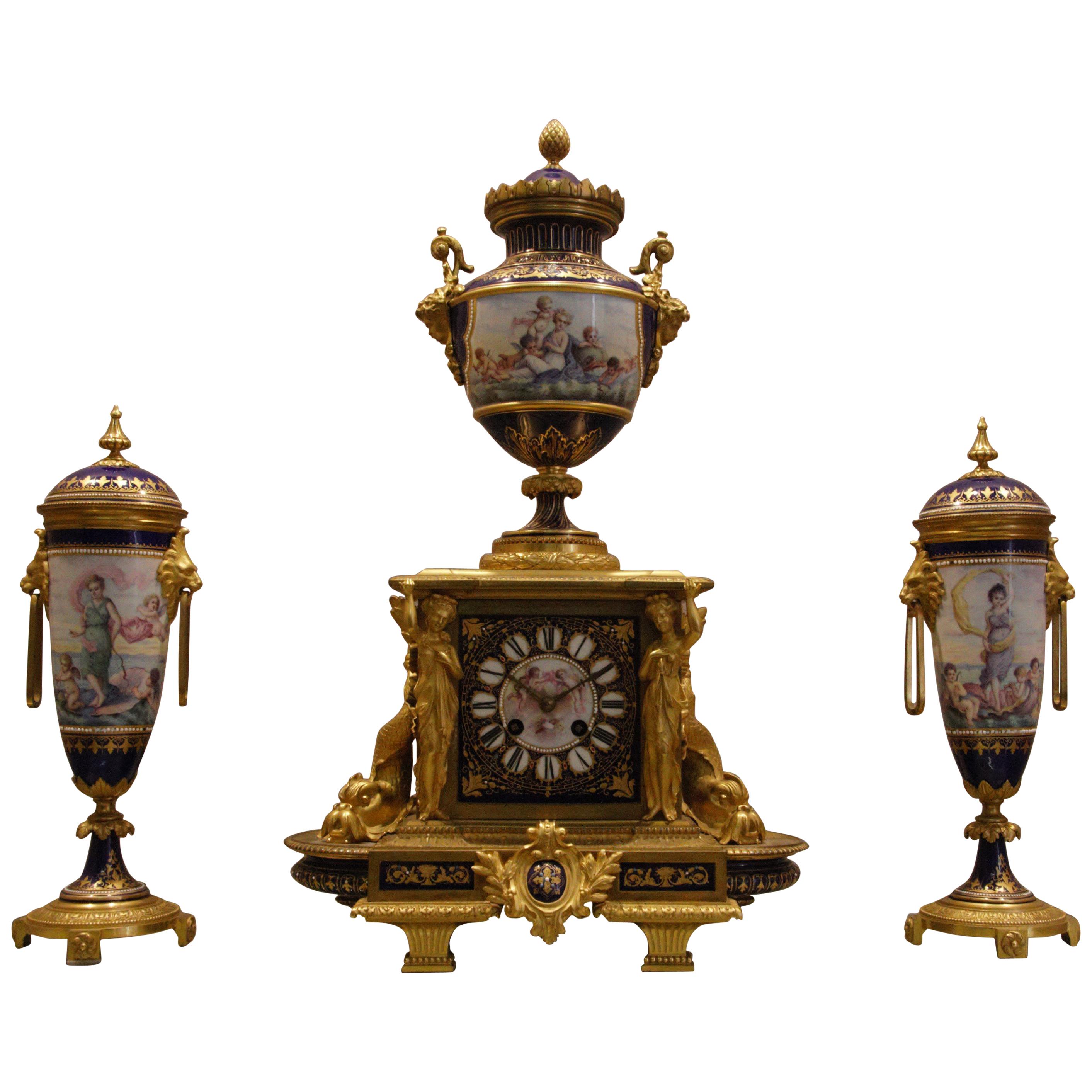 French Ormolu-Mounted Jeweled Sèvrres Porcelain Clock Set For Sale