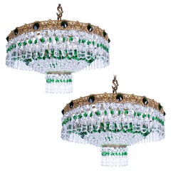 Pair of Beautiful Russian Green and Crystal Chandeliers