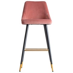 Powdery Pink Velvet and Black Lacquered Feet and Brass Bar Stool