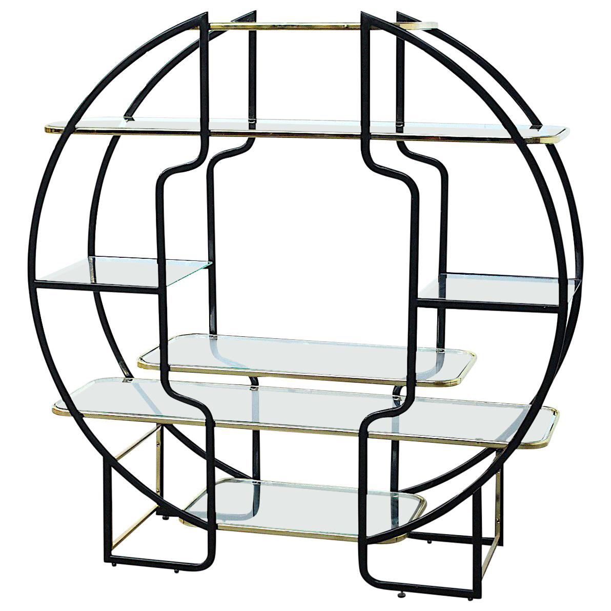 Large Hollywood Regency Circular Étagère or Vitrine in Brass and Black For Sale