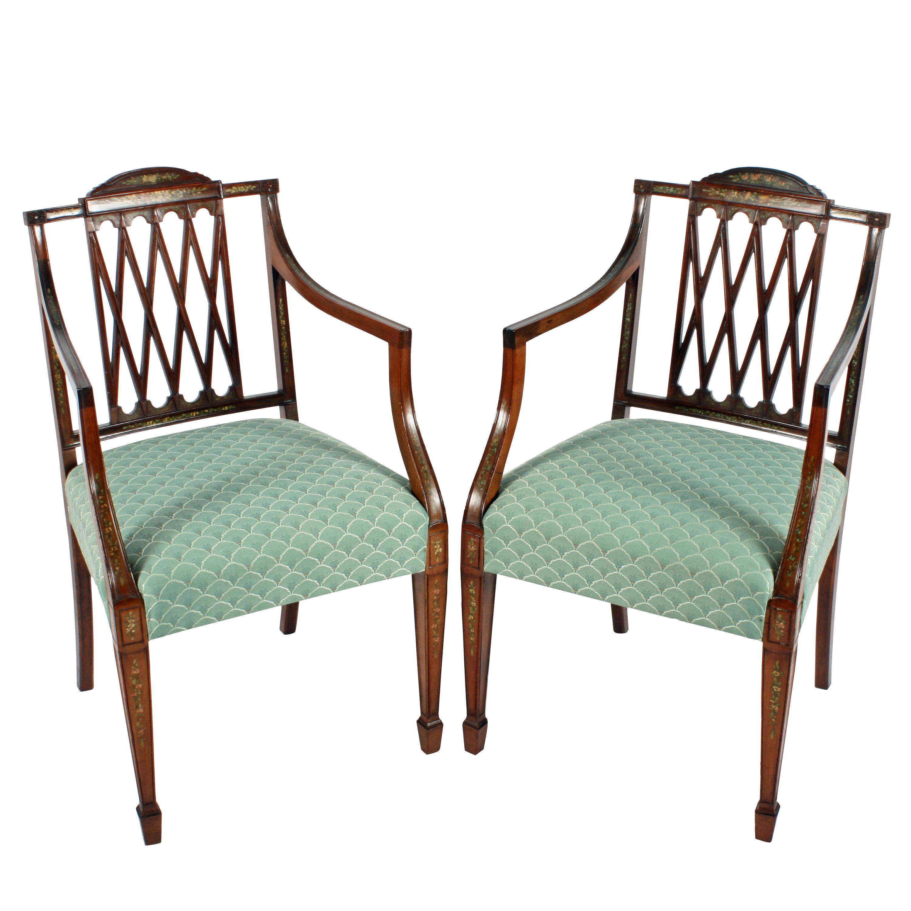 Pair of 19th Century Hepplewhite Style Mahogany & Painted  Elbow Chairs For Sale