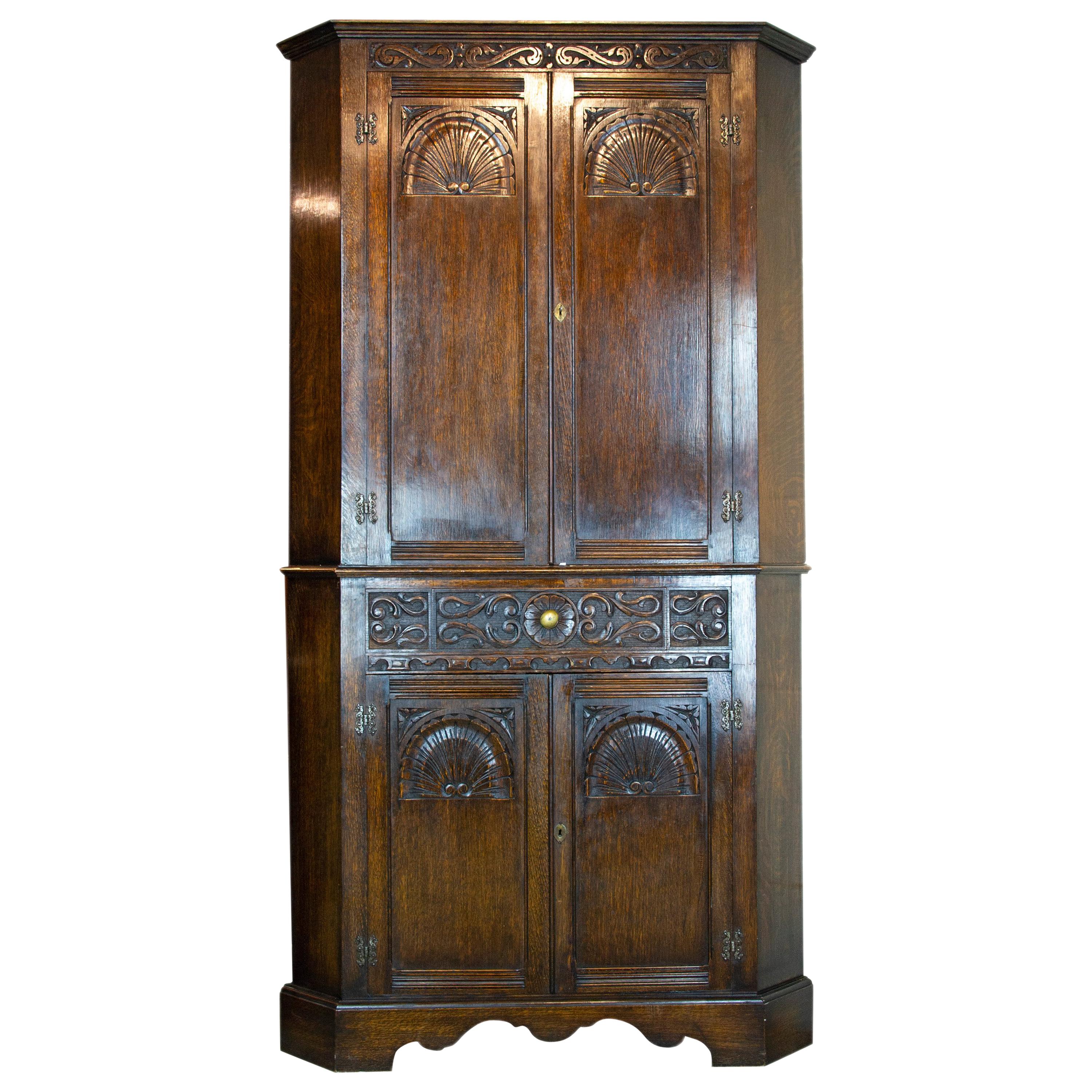Antique Corner Cabinet, Entryway Decor, Carved Cabinet, Scotland, 1950