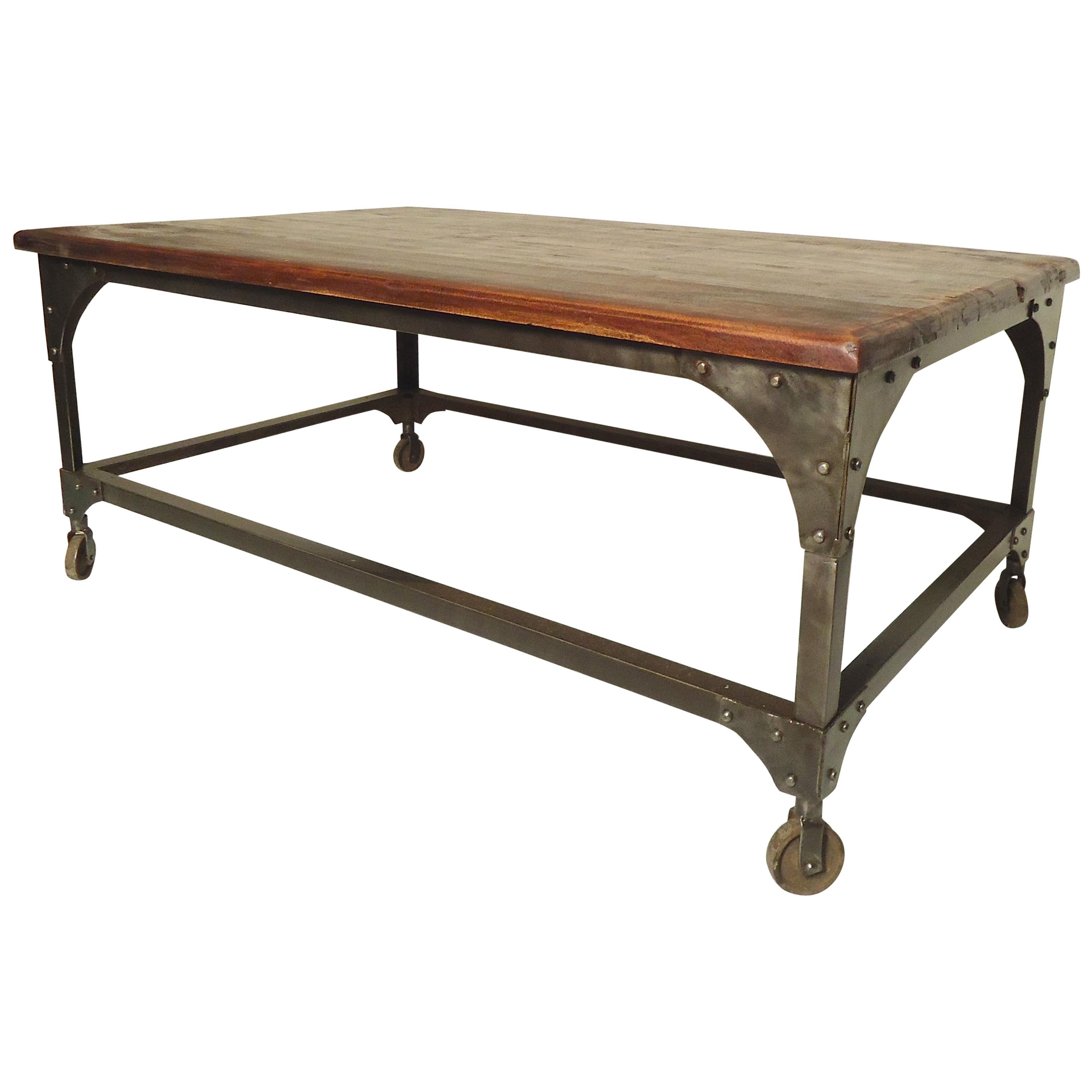 Industrial Wood Top Coffee Table For Sale