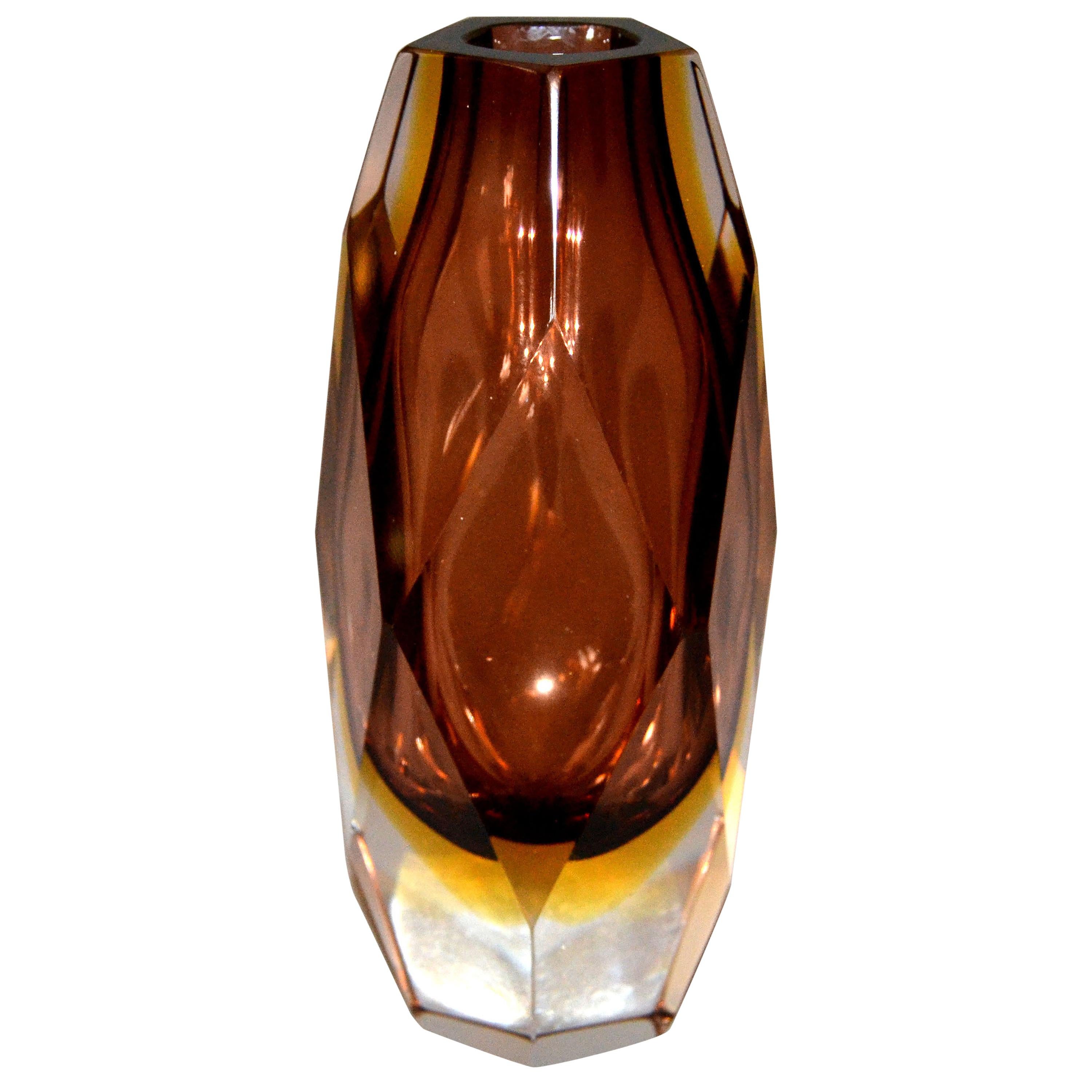 Sommerso Murano Glass Faceted Vase in Burgundy by Alessandro Mandruzzato