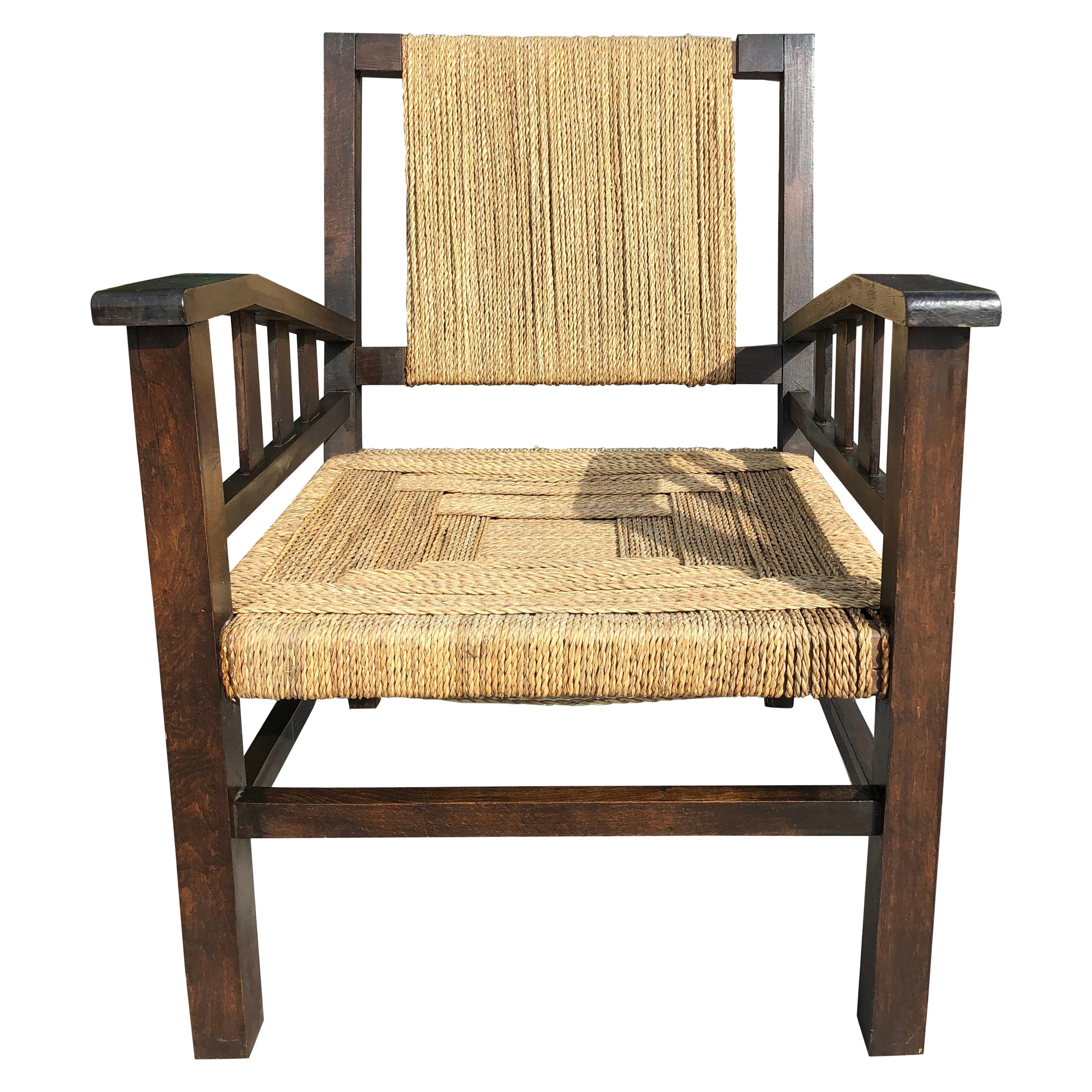 Vintage Braided Wicker and Wood Armchair by Francis Jourdain