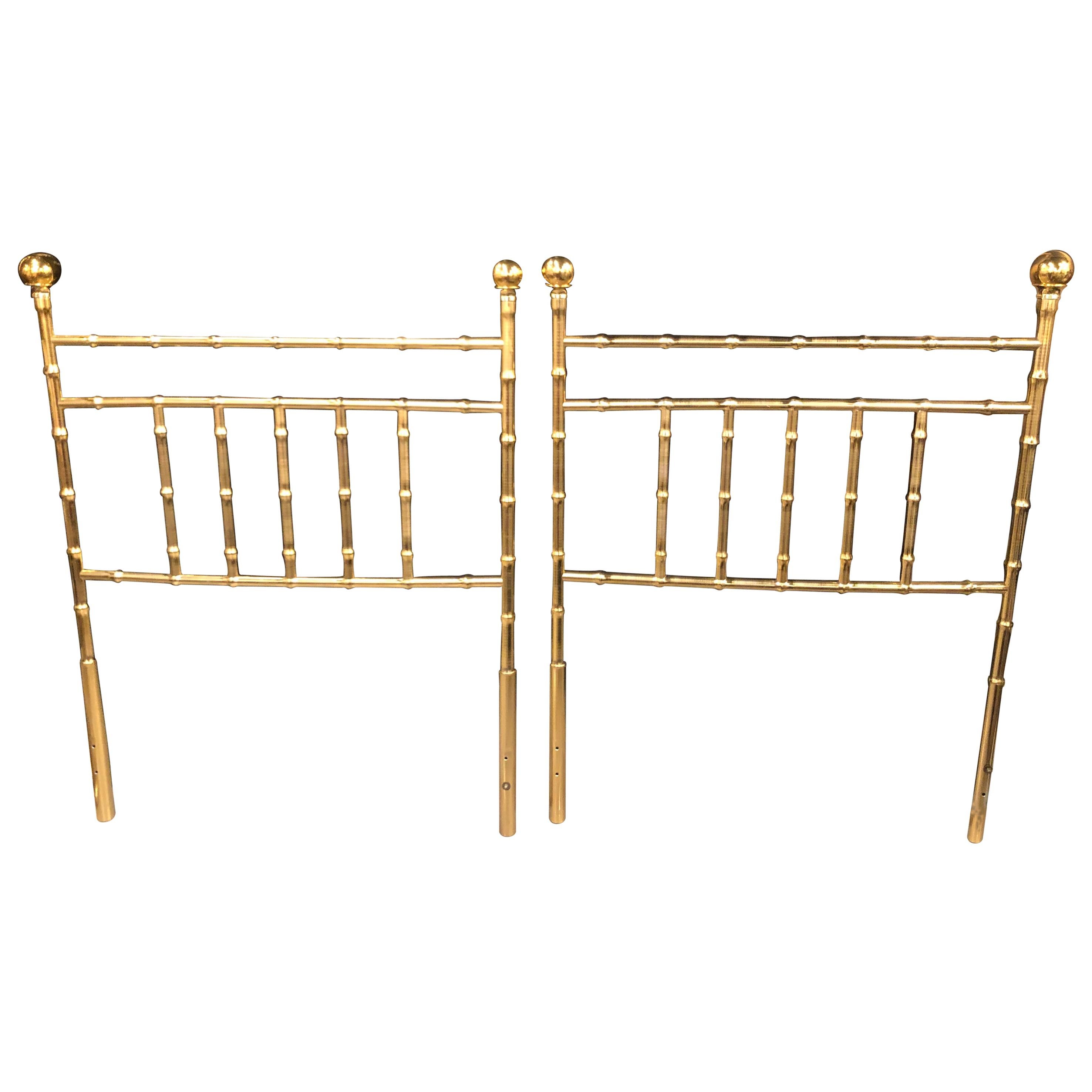 Vintage Hollywood Regency Pair of Faux Bamboo Brass Twin Size Headboards Bed For Sale