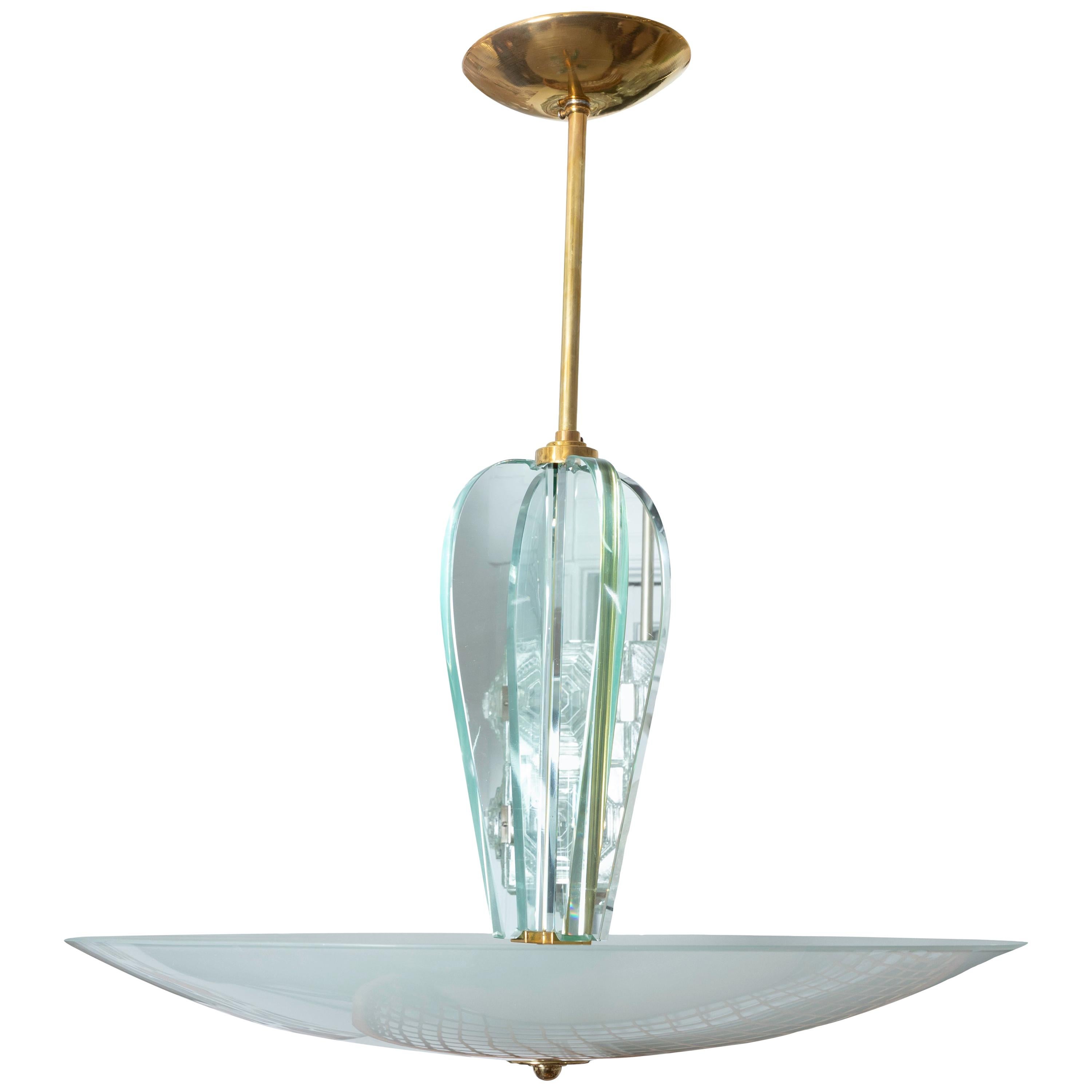 Brass and Glass Pendant Fixture with Saucer Form Frosted Glass Shade For Sale