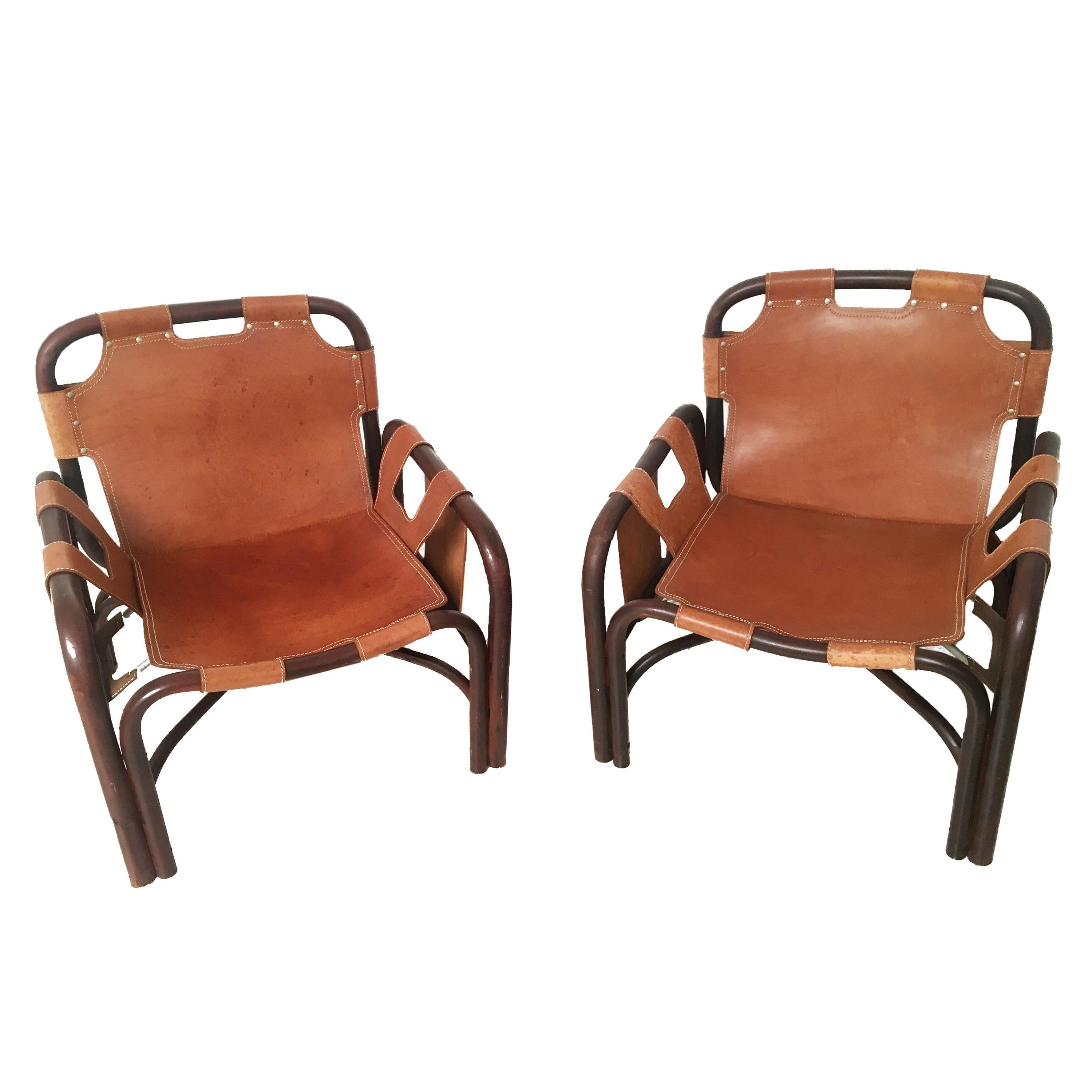 Pair of Bonacina Midcentury Rattan and Brown Leather Italian Armchairs, 1960s