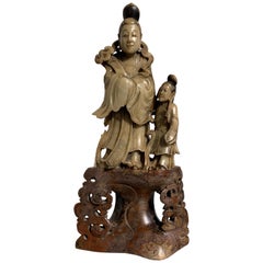 Chinese Carved Soapstone Immortal and Attendant, Qing Dynasty, 19th Century