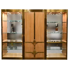 Mastercraft Three-Piece Brass and Walnut Vitrine Display Cabinet, 1970s