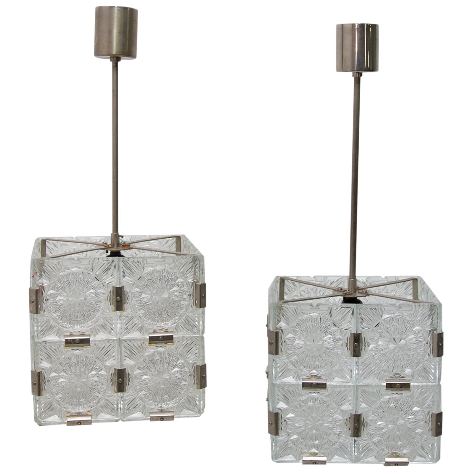 Pair of Glass and Chromed Steel Pendant Lamps by Kamenický Šenov, 1970s For Sale