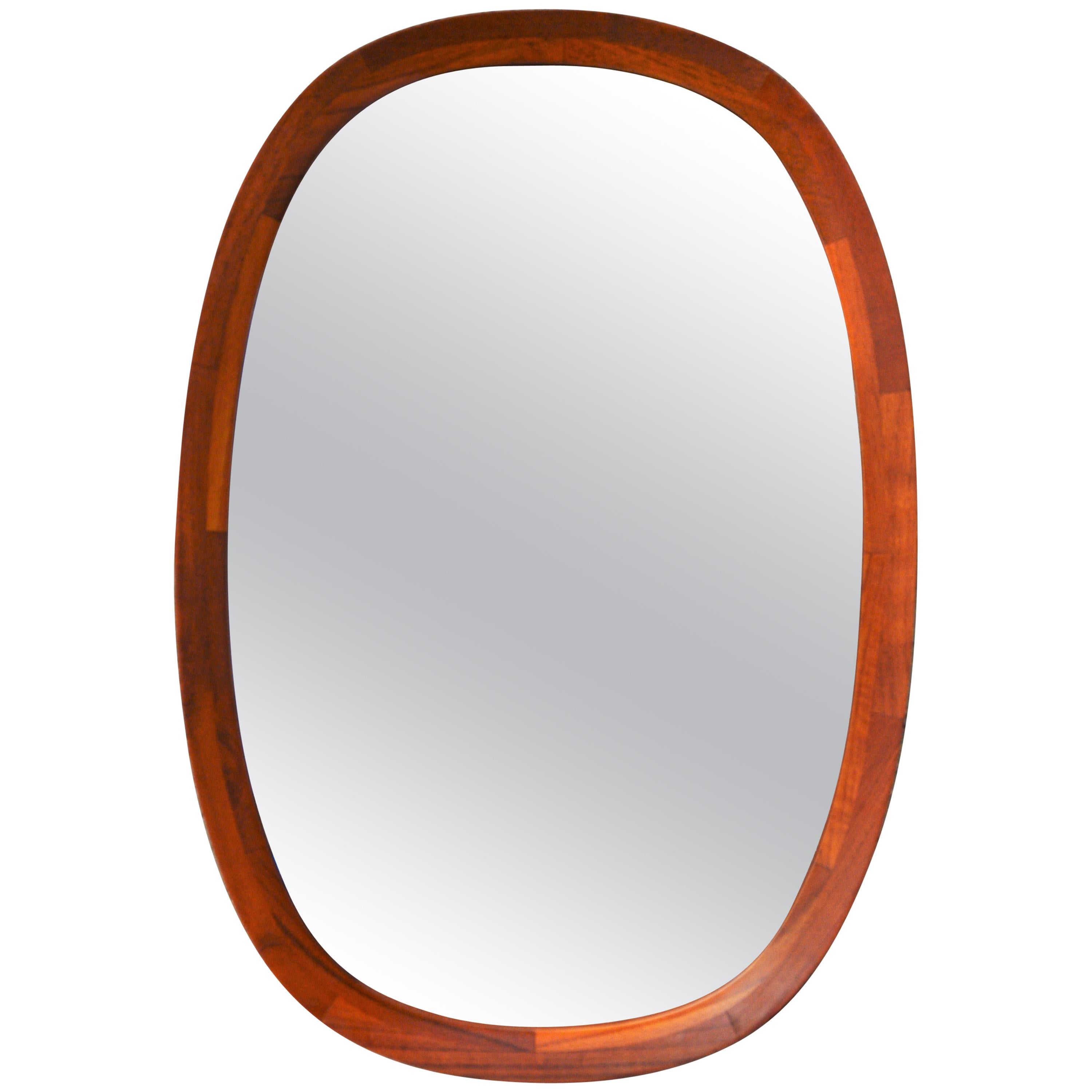 Large Danish Teak Oval or Ovoid Framed Mirror with Flared Edges by Sika Mobler