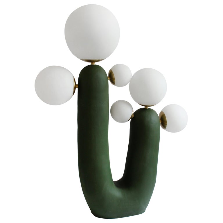 Contemporary Hand Built Ceramic Base Oos Floor Lamp Dark Green Painted