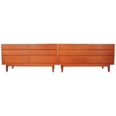 Pair of Teak 6 Drawer Dressers / Chests With Graduated Drawers & Elongated Pulls