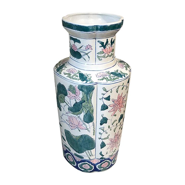 Blue Pink Ceramic Famille Rose Pastel Chinoiserie Quatrefoil Chinese Vase