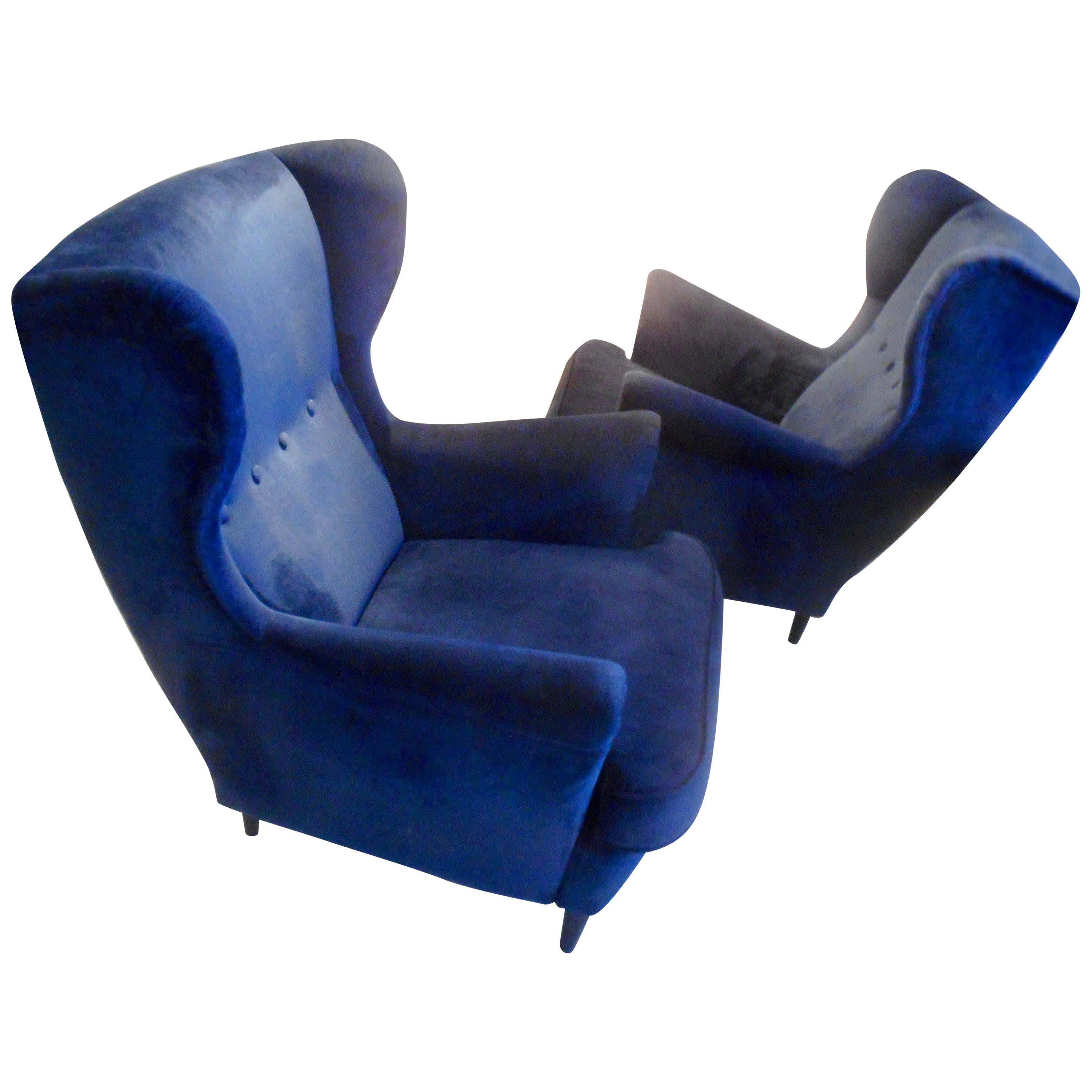 Pair of Blue Velvet Wingback Armchairs, Italy, 1950s