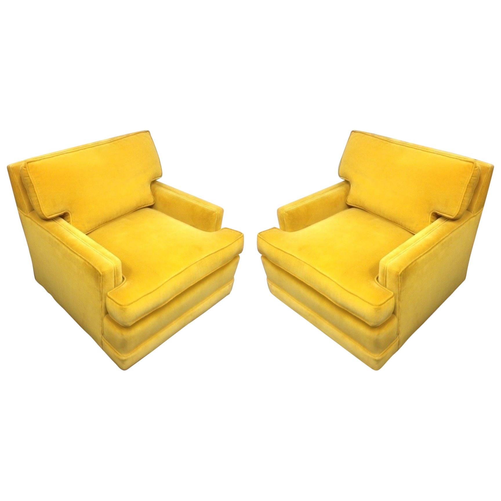 Pair of Vintage Yellow Velvet Club Lounge Chairs