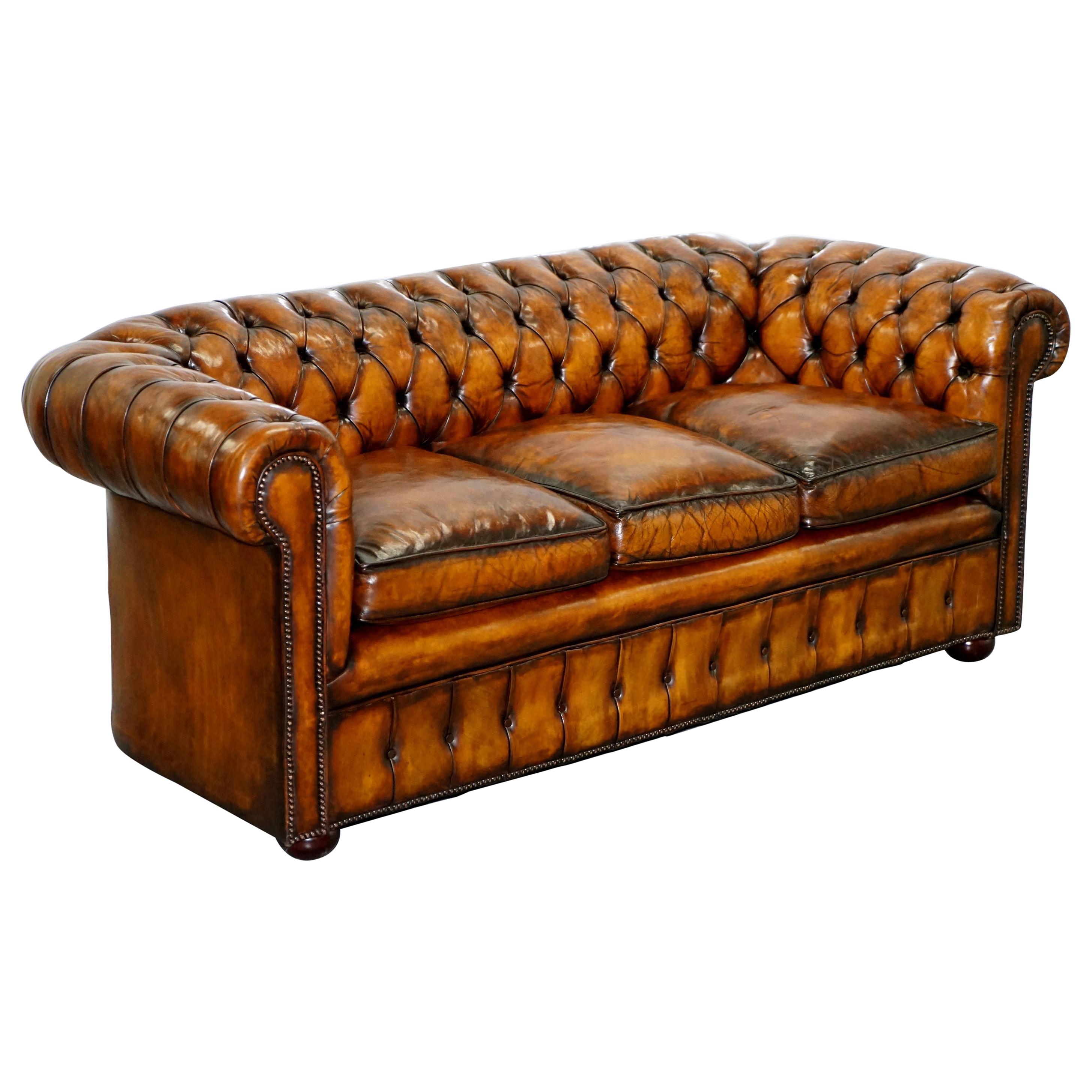 1930s Made in England Hand Dyed Restored Whisky Brown 3 Seat Chesterfield Club For Sale
