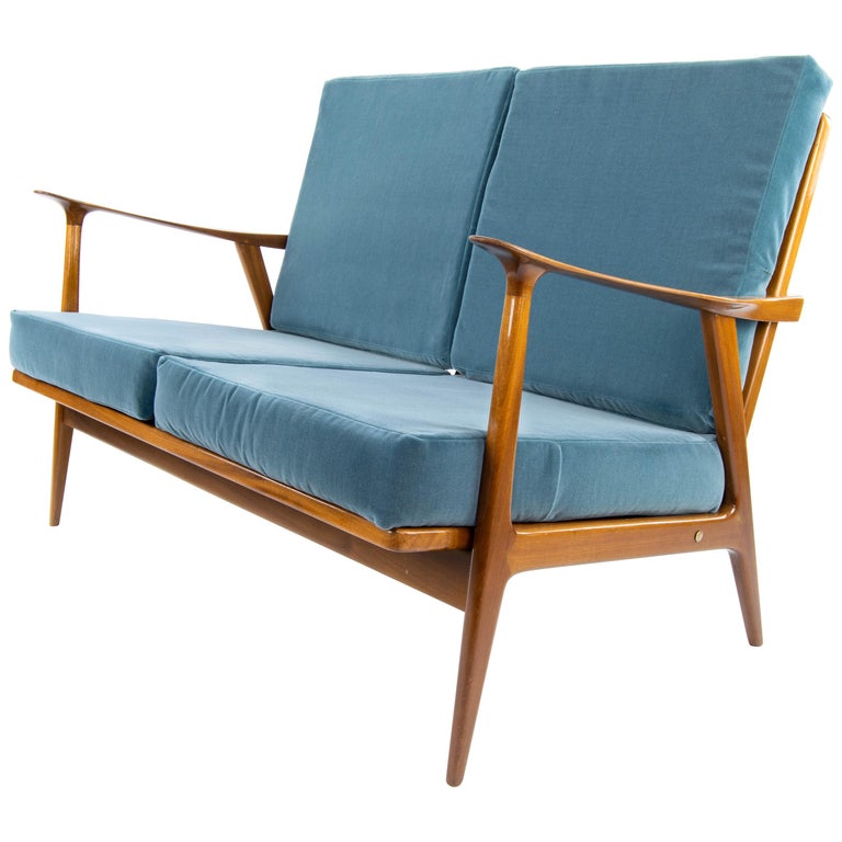 Midcentury Teak And Velvet Scandinavian Style Sofa By Ag Barcelona 1960